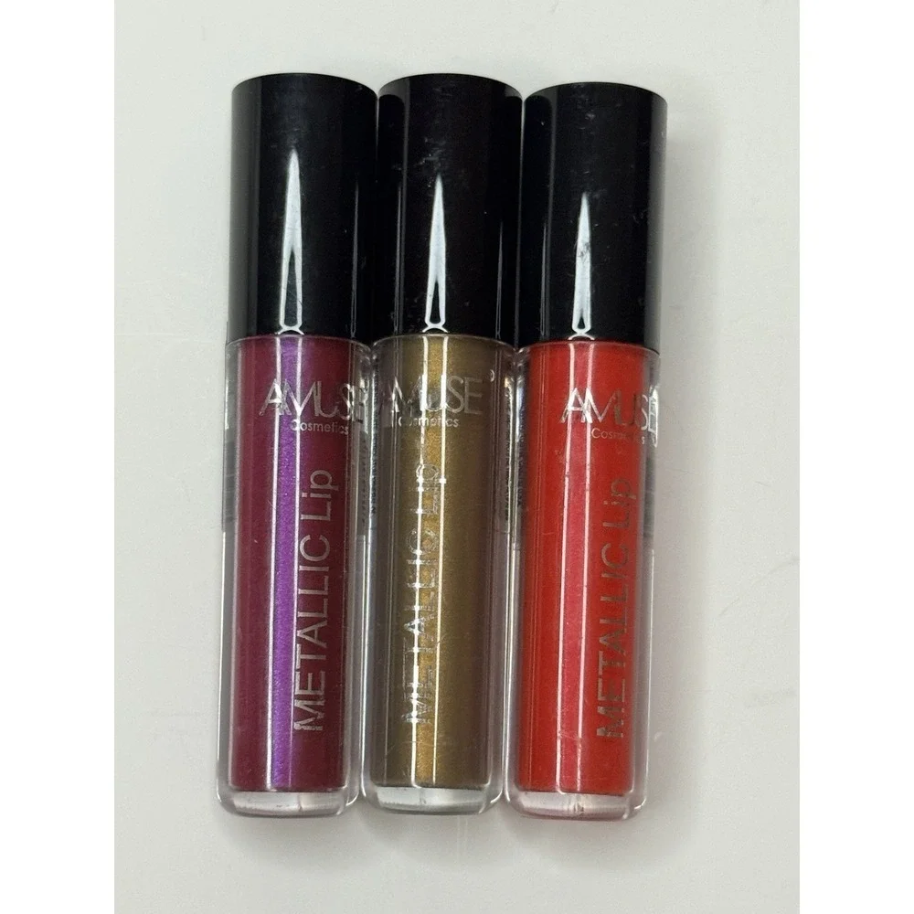 Amuse Metallic Lip Gloss Set – Bold Red, Gold, Purple Trio